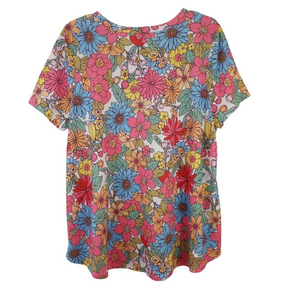 Honeyme Curvy Retro Mod Floral Tunic Tee Top V-Neck Short Sleeve - Picture 3 of 5